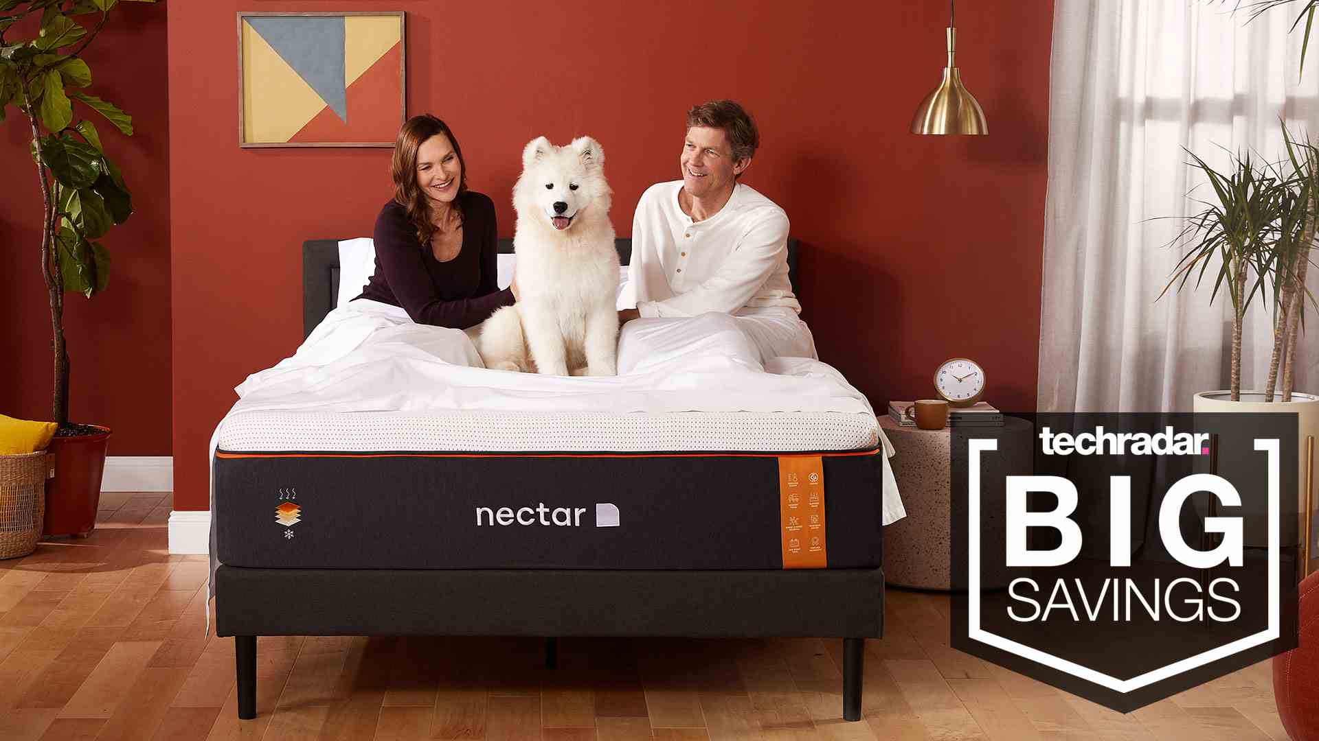 Un couple et son chien assis sur un matelas Nectar, et un badge indiquant BIG SAVINGS