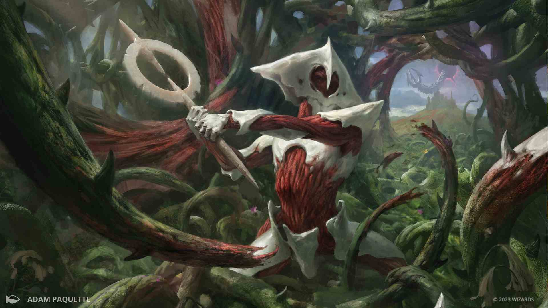 Un Phyrexian combat des créatures ressemblant à des vignes dans March of the Machine