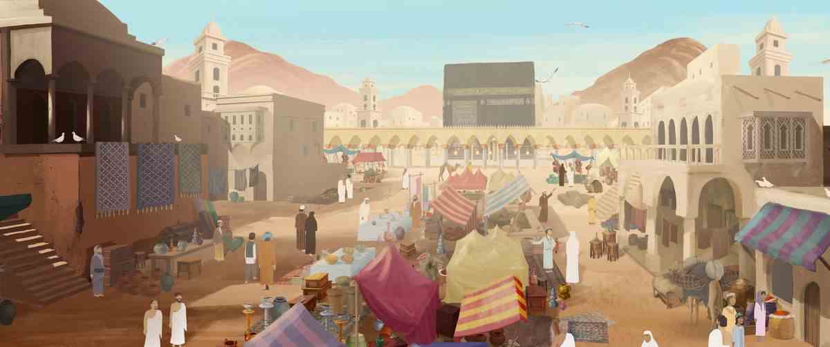 une vue aérienne d'un marché animé du Moyen-Orient 