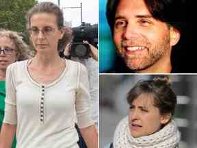 SEMBLE FAMILIER?  L'héritière de Seagrams Clare Bronfman, à gauche, et deux de ses co-accusés dans l'accusation de trafic sexuel, le fondateur de NXIVM Keith Raniere (en haut à droite) et Allison Mack (en bas à droite).