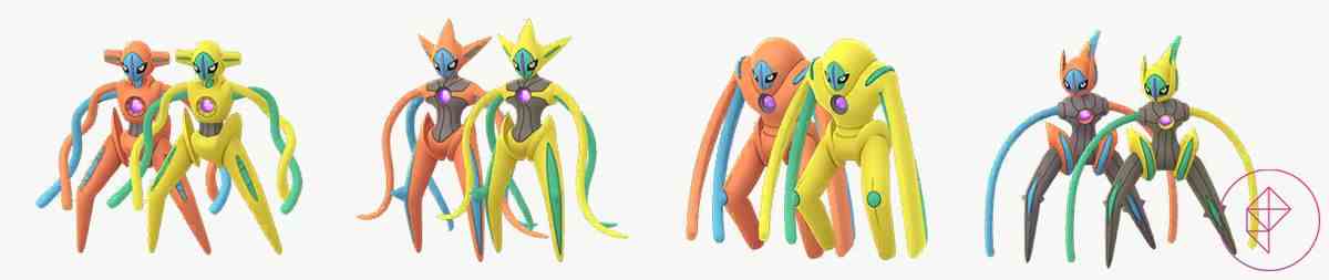 Toutes les Formes de Deoxys avec leurs versions brillantes.  Ils gagnent tous la même palette de couleurs : leur corps orange devient jaune à la place.