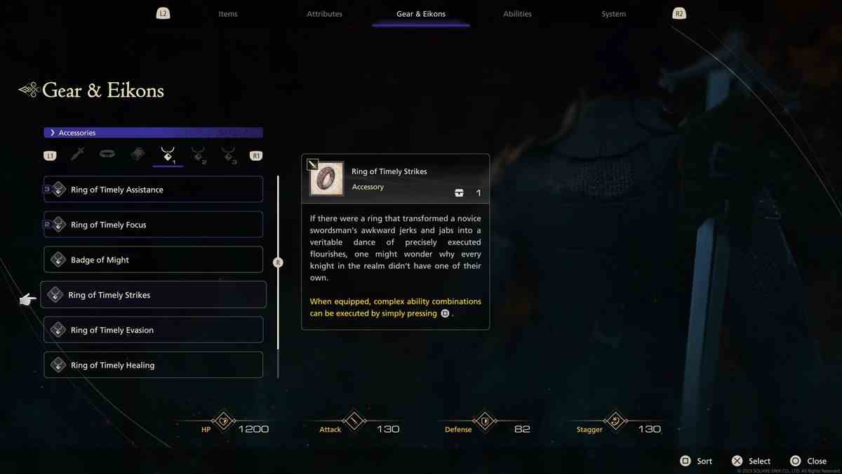 Un écran de menu de Final Fantasy 16, montrant la section Gear et Eikons, et l'accessoire Ring of Timely Strikes qui permet des combinaisons pouvant être exécutées en appuyant sur un seul bouton.