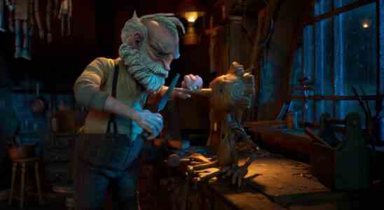 Guillermo del Toro's Pinocchio - (L-R) Gepetto (voiced by David Bradley) and Pinocchio (voiced by Gregory Mann). Cr: Netflix © 2022