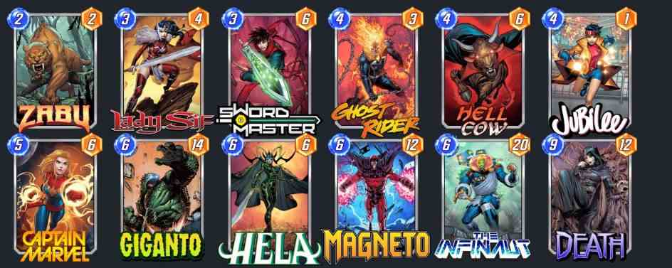 Un deck Marvel Snap avec Zabu, Lady Sif, Sword Master, Jubilee, Ghost Rider, Hell Cow, Captain Marvel, Magneto, Hela, Giganto, The Infinaut, Death