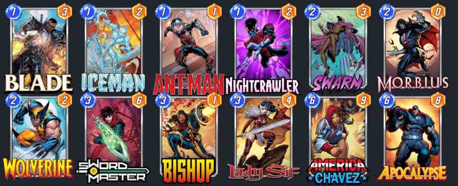 Un deck Marvel Snap avec Blade, Iceman, Ant-Man, Nightcrawler, Swarm, Morbius, Wolverine, Sword Master, Bishop, Lady Sif, America Chavez, Apocalypse