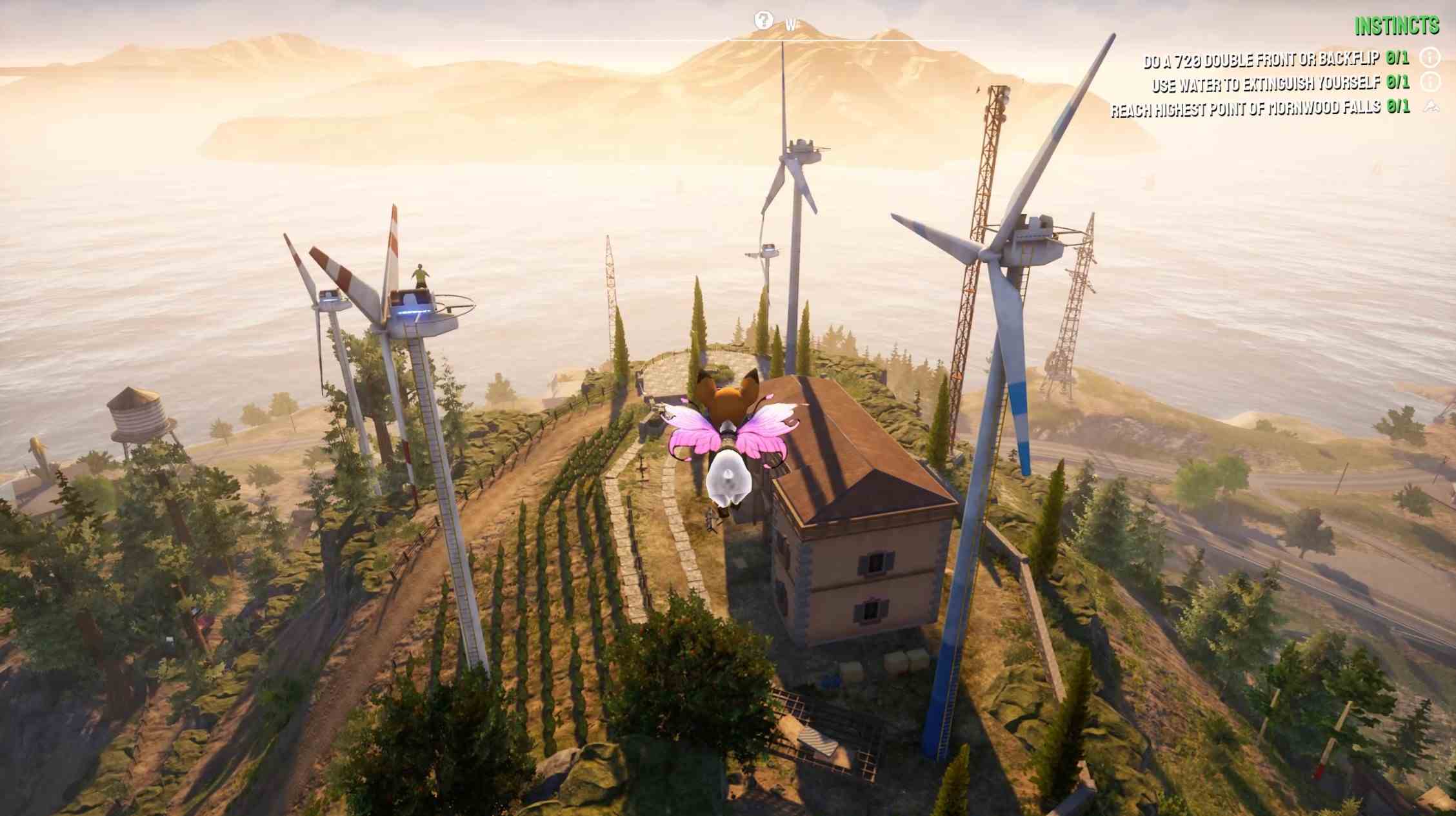 Pilgor volant au milieu d'un parc éolien dans Goat Simulator 3