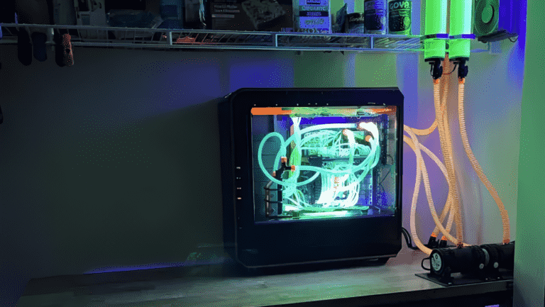 Gaming PC with custom liquid cooling loop with UV reactive liquid and elements