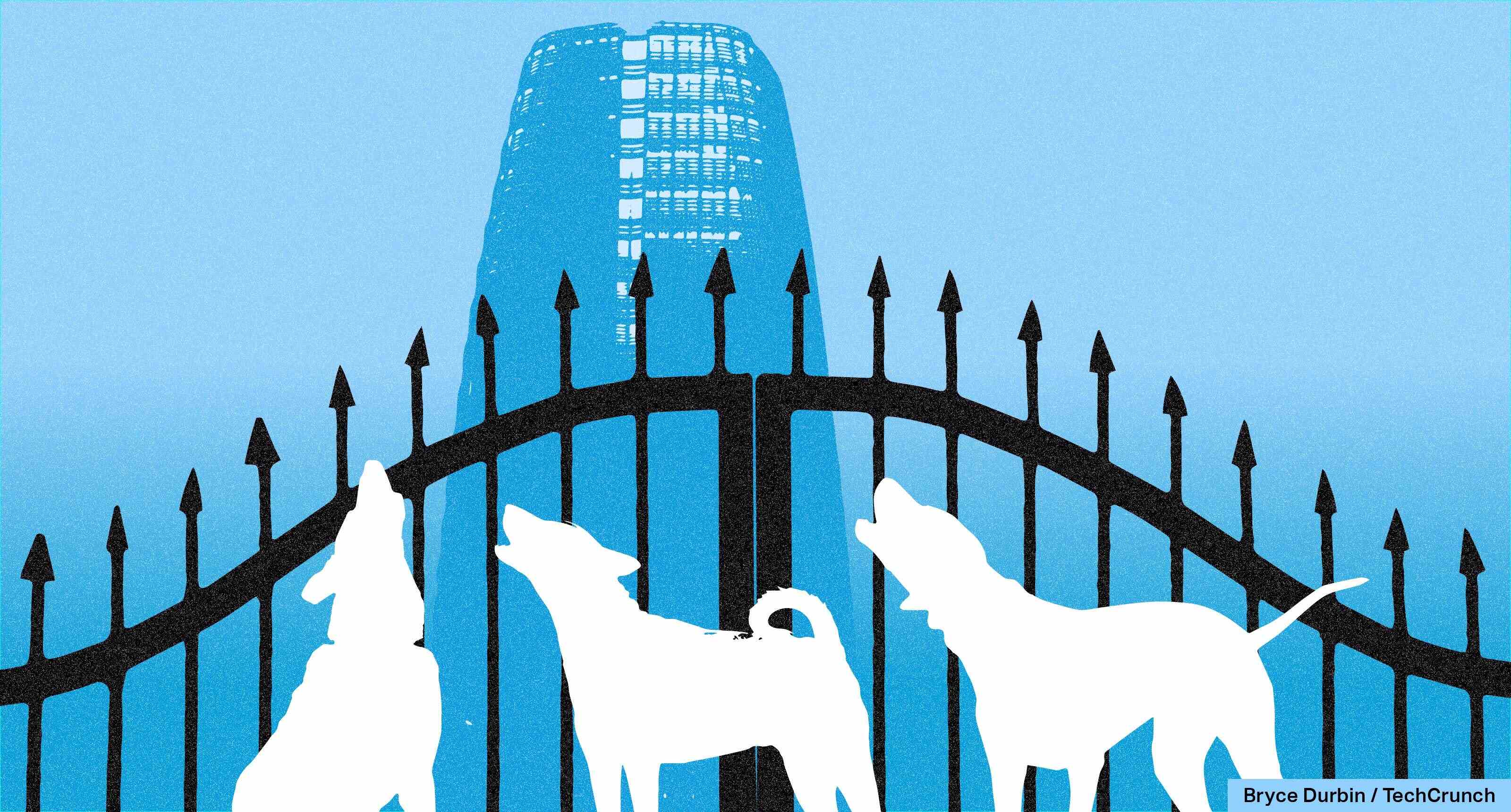 Caricature de chiens aboyant à l'extérieur de la Salesforce Tower.