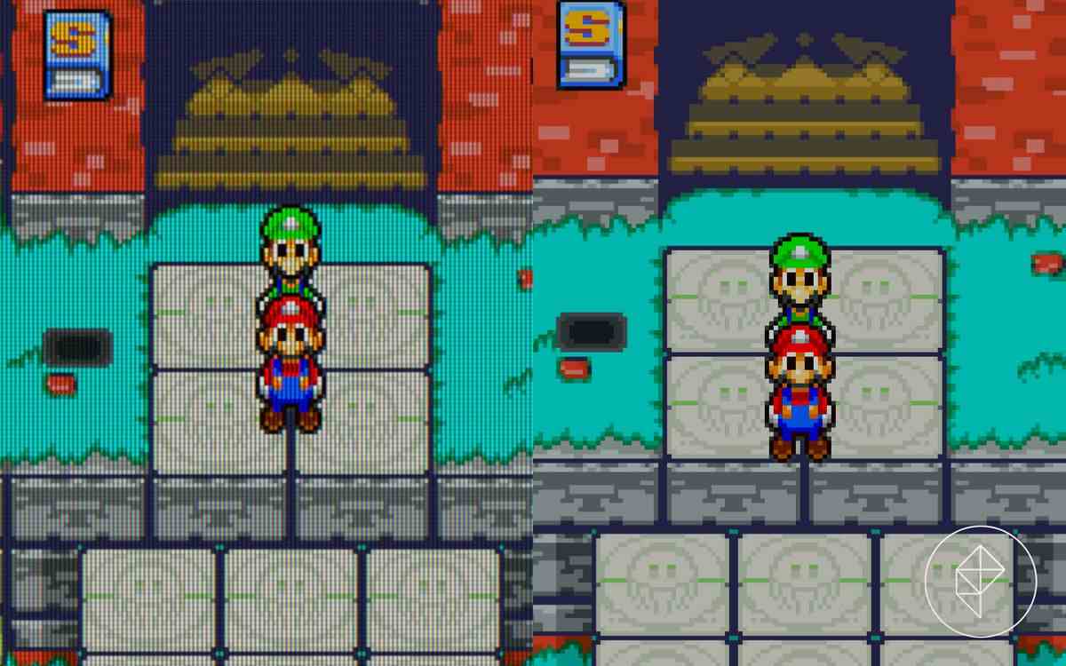 Deux comparaisons de Mario et Luigi devant Woohoo Hooniversity.  L'image de gauche est recouverte d'un filtre en forme de grille et l'image de droite est plus claire