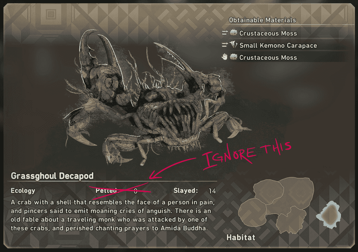 Une capture d'écran de l'entrée Grassghoul Decapod.  La photo et la description ne sont pas flatteuses.  Les mots « Petted : 0 » sont barrés et quelqu'un a écrit « IGNORE THIS » en texte rouge avec une flèche pointant vers le compteur « Petted ».