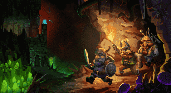 Three dwarves venture into a cave, wielding torches, swords, and mining equipment.