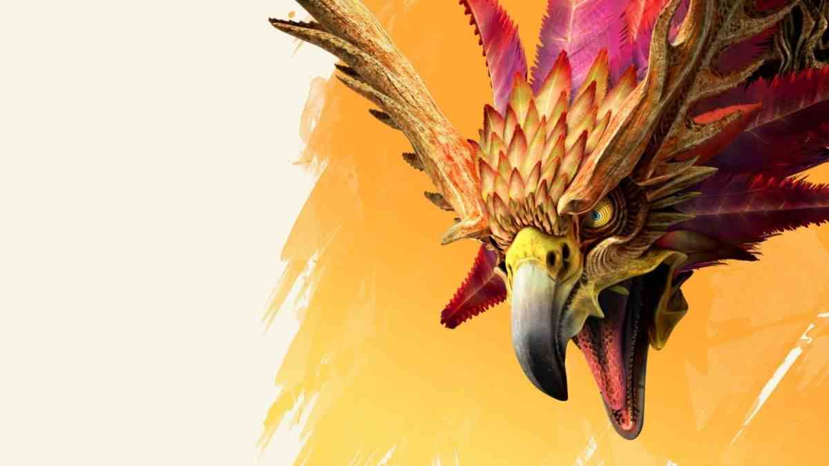 The head of a gigantic bird with colorful plumage