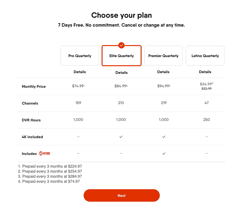 Le processus d'inscription à Fubo TV affiche des options de facturation trimestrielles et non mensuelles.