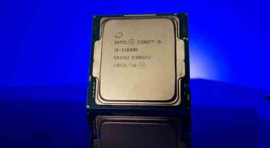 Intel Core i5 11600K processor shot on a blue background from the front