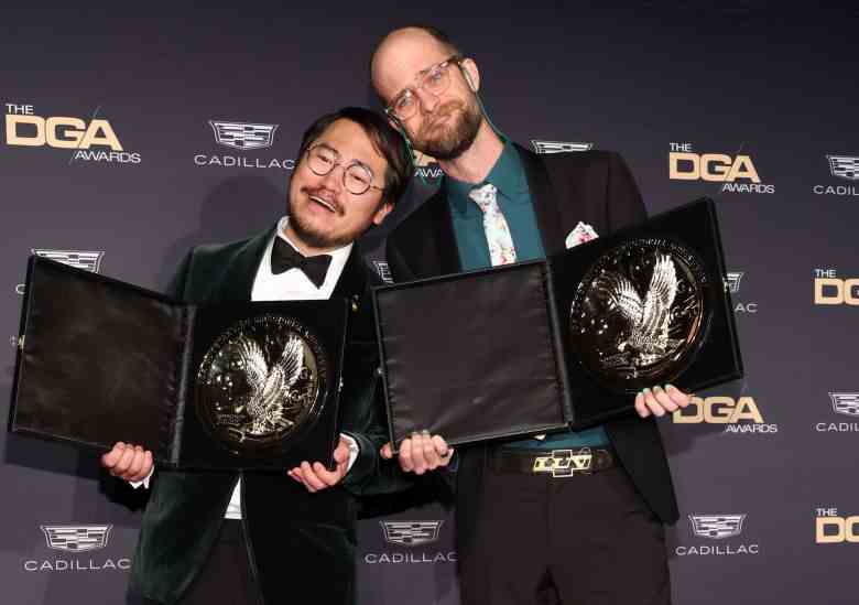 BEVERLY HILLS, CALIFORNIA - FEBRUARY 18: (L-R) Dan Kwan and Daniel Scheinert, winners of the Outstanding Directorial Achievement in Theatrical Feature Film award for “Everything Everywhere All at Once,” pose in the press room during the 75th Directors Guild of America Awards at The Beverly Hilton on February 18, 2023 in Beverly Hills, California. (Photo by Monica Schipper/Getty Images)