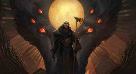 Solas in evil mode outfit standing in front of sunburst consumed by multi-eyed wolf.