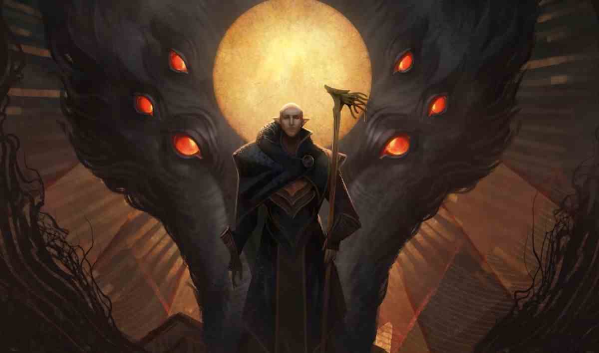 Solas in evil mode outfit standing in front of sunburst consumed by multi-eyed wolf.