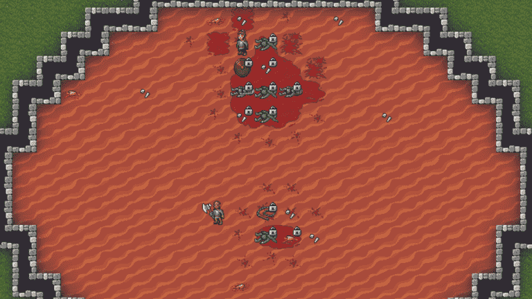 A bloody, corpse-strewn arena in Dwarf Fortress.