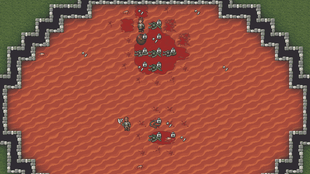 A bloody, corpse-strewn arena in Dwarf Fortress.