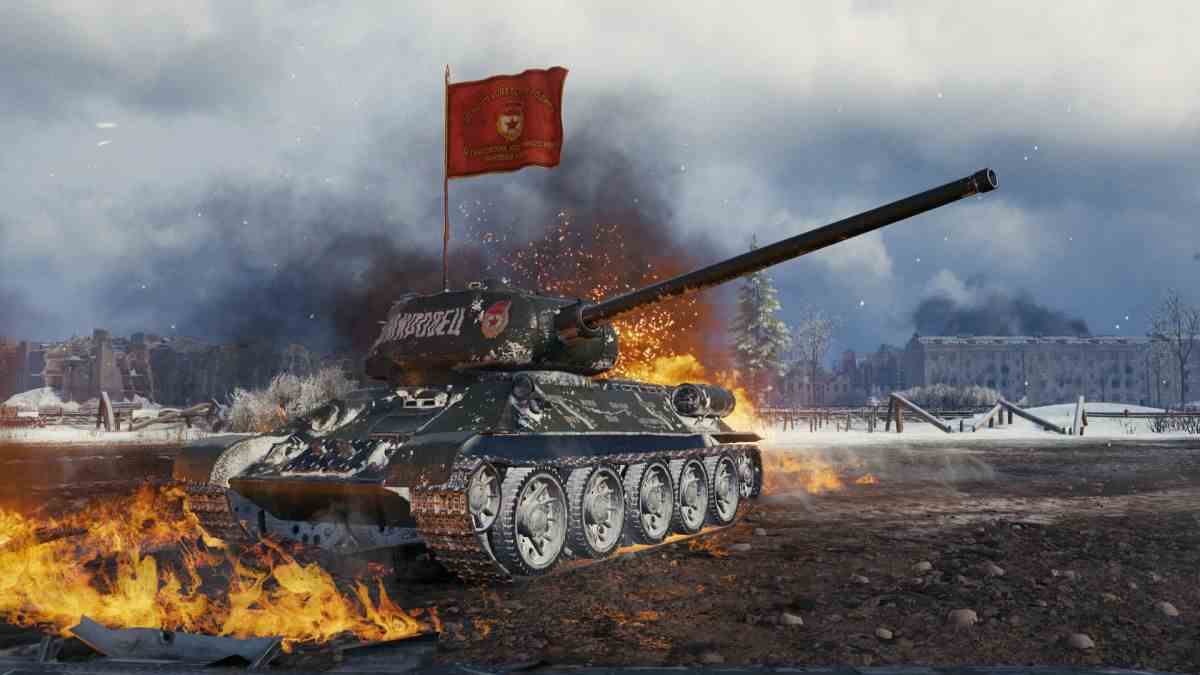 A soviet tank waving a banner against an explosion