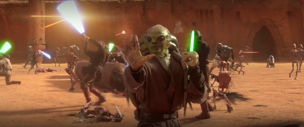 Kit Fisto utilise la Force sur la version droïde de combat de C-3PO dans Star Wars : L'Attaque des Clones