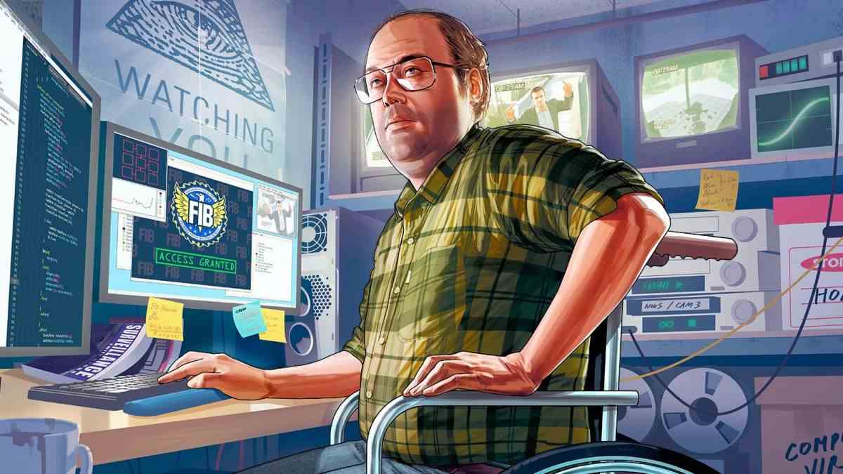 An image of Lester from GTA 5, surrounded by computer hardware.