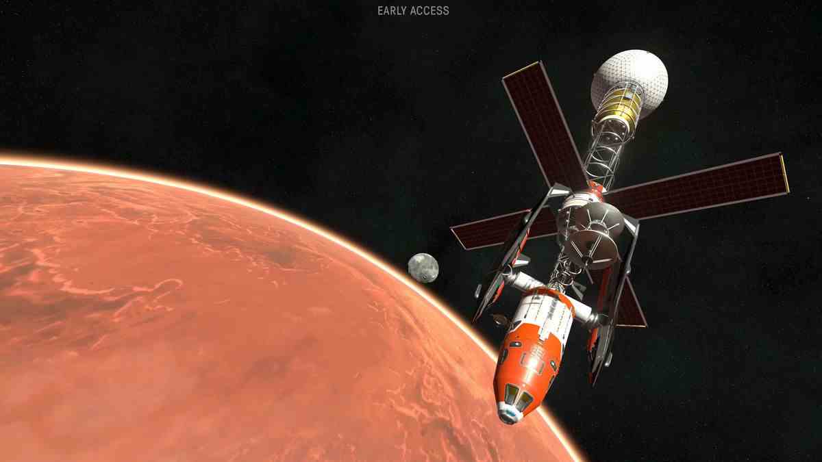 Une station spatiale au-dessus d'une planète rouge dans Kerbal Space Program 2