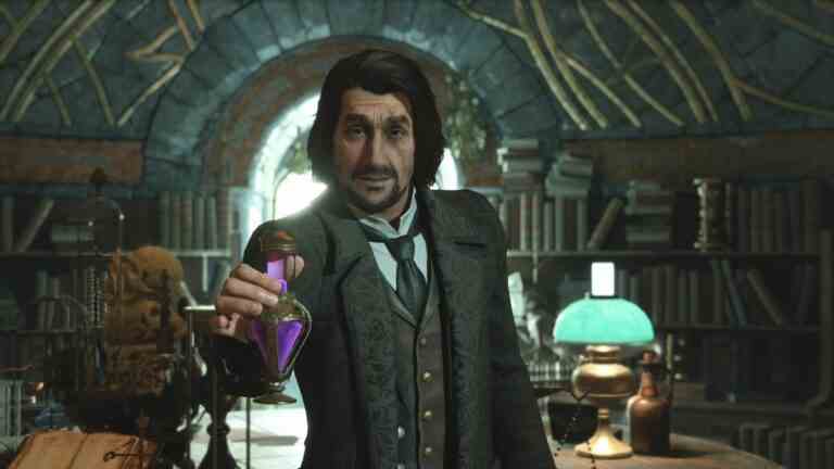 Hogwarts Legacy potions professor holding a potion