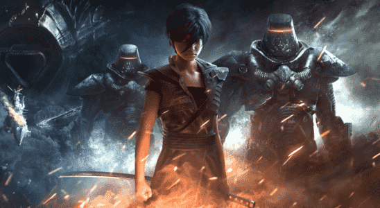 A young woman flanked by imposing armoured soldiers from Beyond Good and Evil 2.