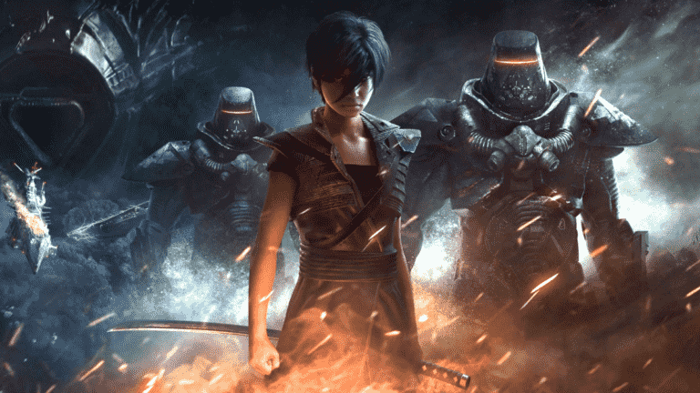 A young woman flanked by imposing armoured soldiers from Beyond Good and Evil 2.