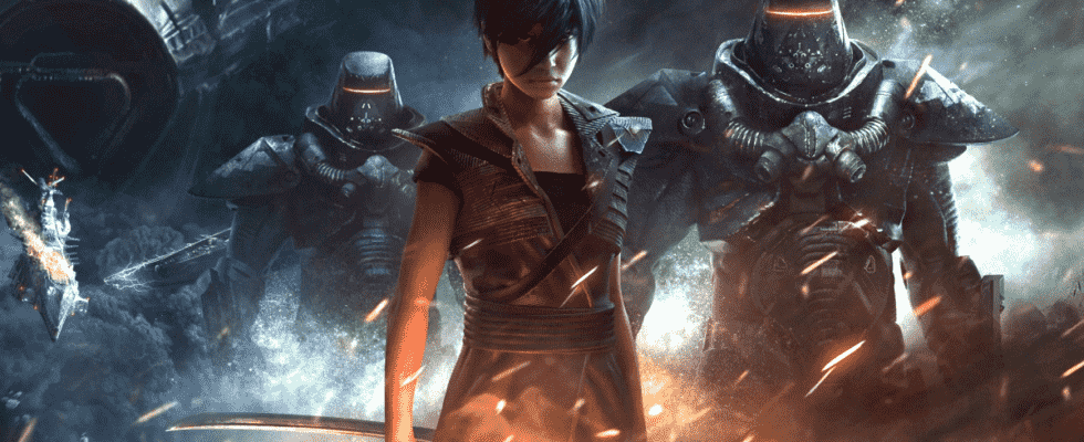 A young woman flanked by imposing armoured soldiers from Beyond Good and Evil 2.