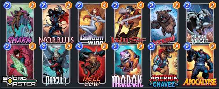 Un deck Marvel Snap avec Morbius, Swarm, Colleen Wing, Lockjaw, Moon Knight, Lady Sif, Sword Master, Dracula, Hell Cow, MODOK, Apocalypse, America Chavez