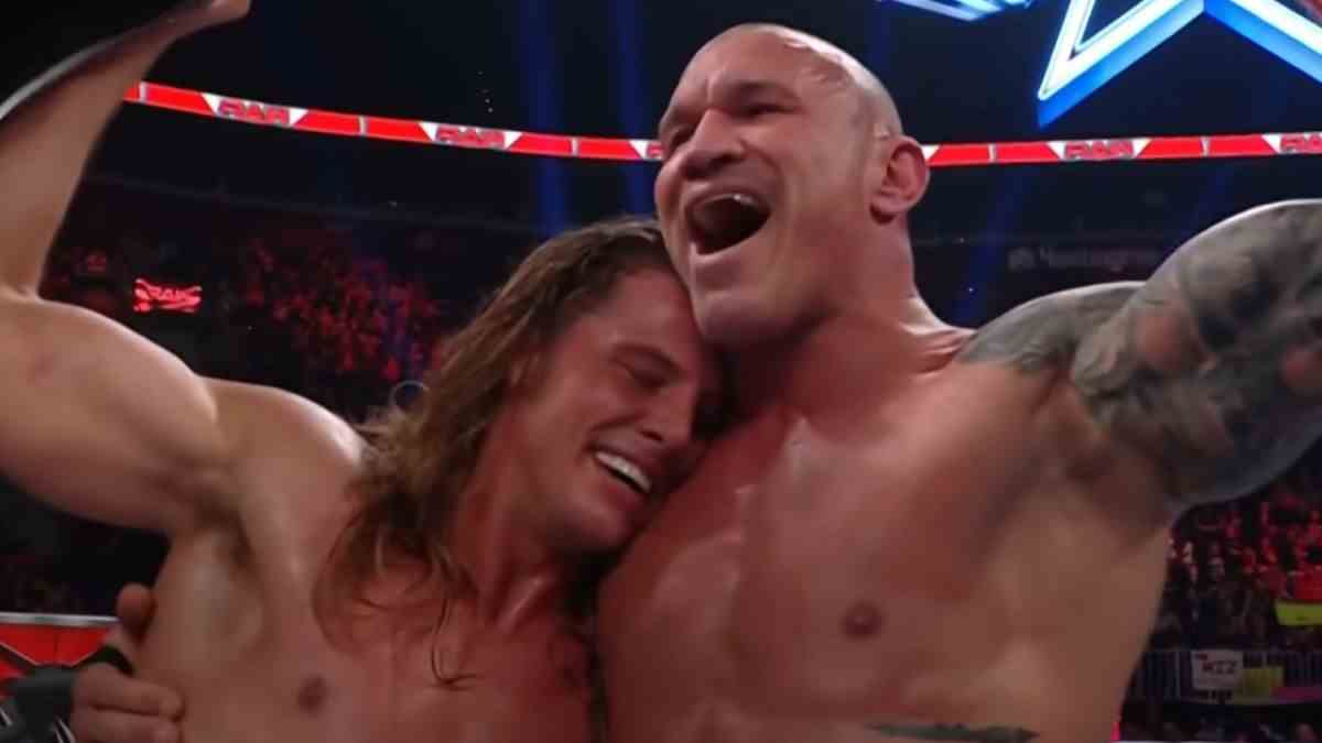 Matt Riddle and Randy Orton celebrate their tag-team victory in the WWE