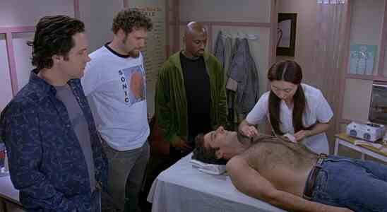 Seth Rogen, Paul Rudd, Romany Malco and Steve Carell in The 40 Year Old Virgin waxing scene