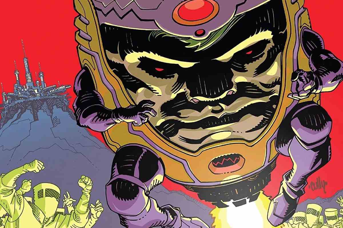 MODOK, essentiellement une tête géante dans un harnais scifi, avec des bras et des jambes pendants de taille normale qui semblent chétifs en comparaison, vole sur ses répulseurs à réaction au-dessus d'une foule de laquais AIM en liesse, sur la couverture de MODOK: Head Games # 1 (2020 ). 