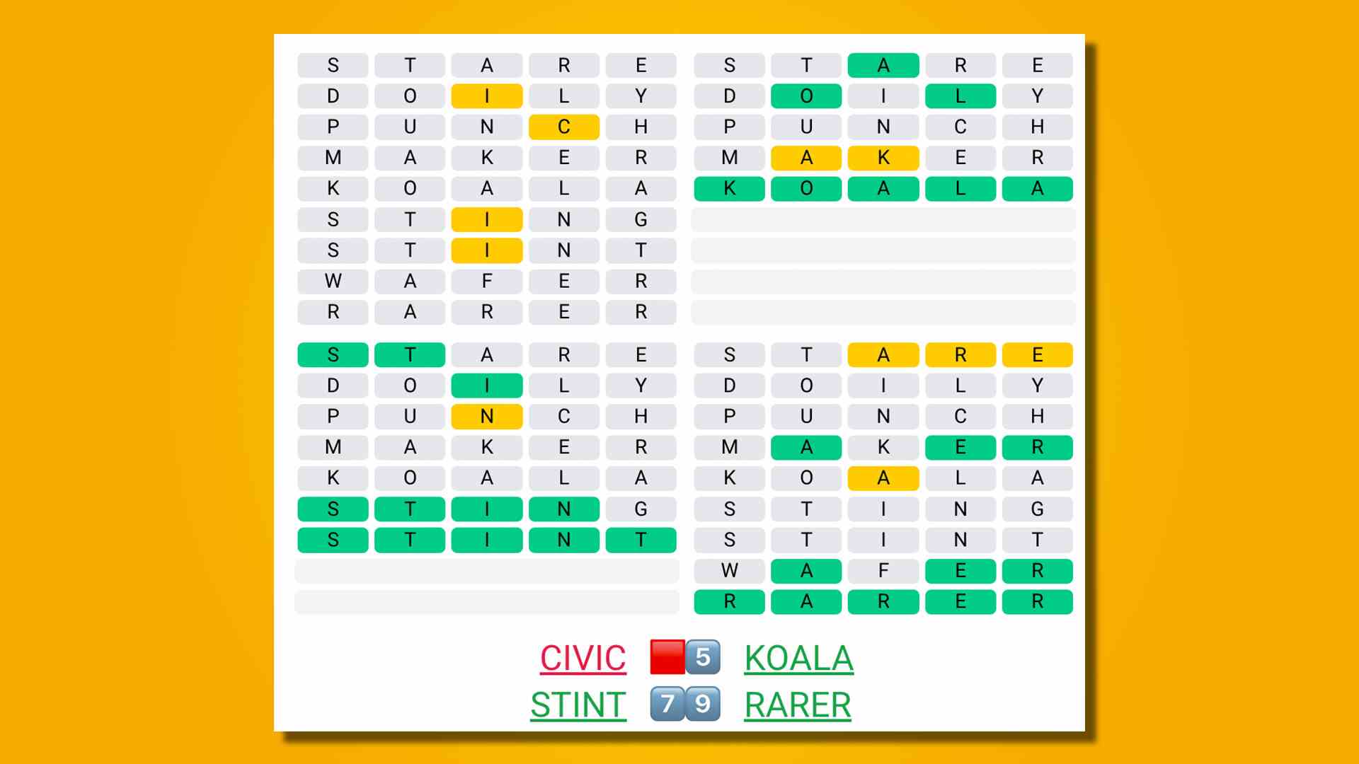 Quordle 398 réponse sur fond jaune