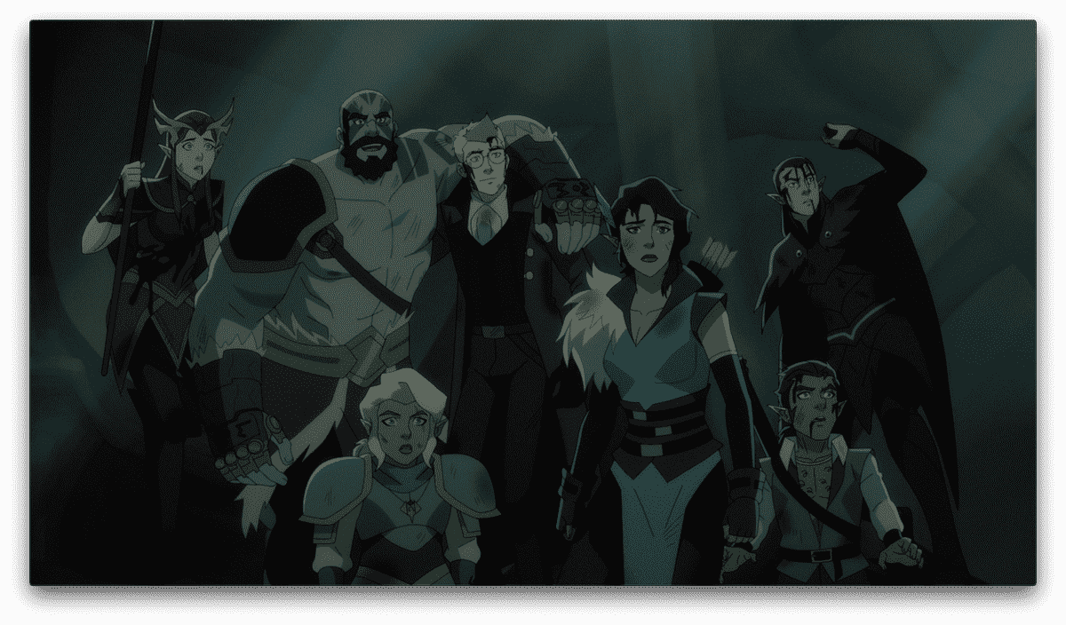 les membres de vox machina postent leur grand combat de dragon, tous ensanglantés et meurtris, mais debout ensemble