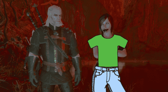 Geralt stands next to a naked woman, covered by simplistic clipart of a t-shirt and jeans.