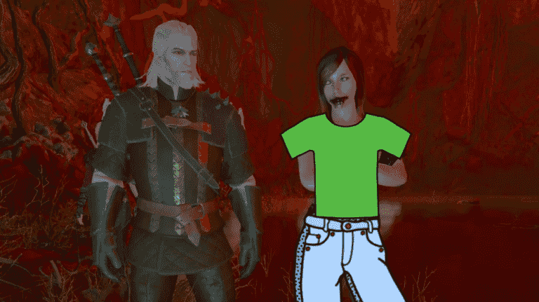 Geralt stands next to a naked woman, covered by simplistic clipart of a t-shirt and jeans.