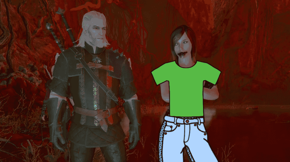 Geralt stands next to a naked woman, covered by simplistic clipart of a t-shirt and jeans.