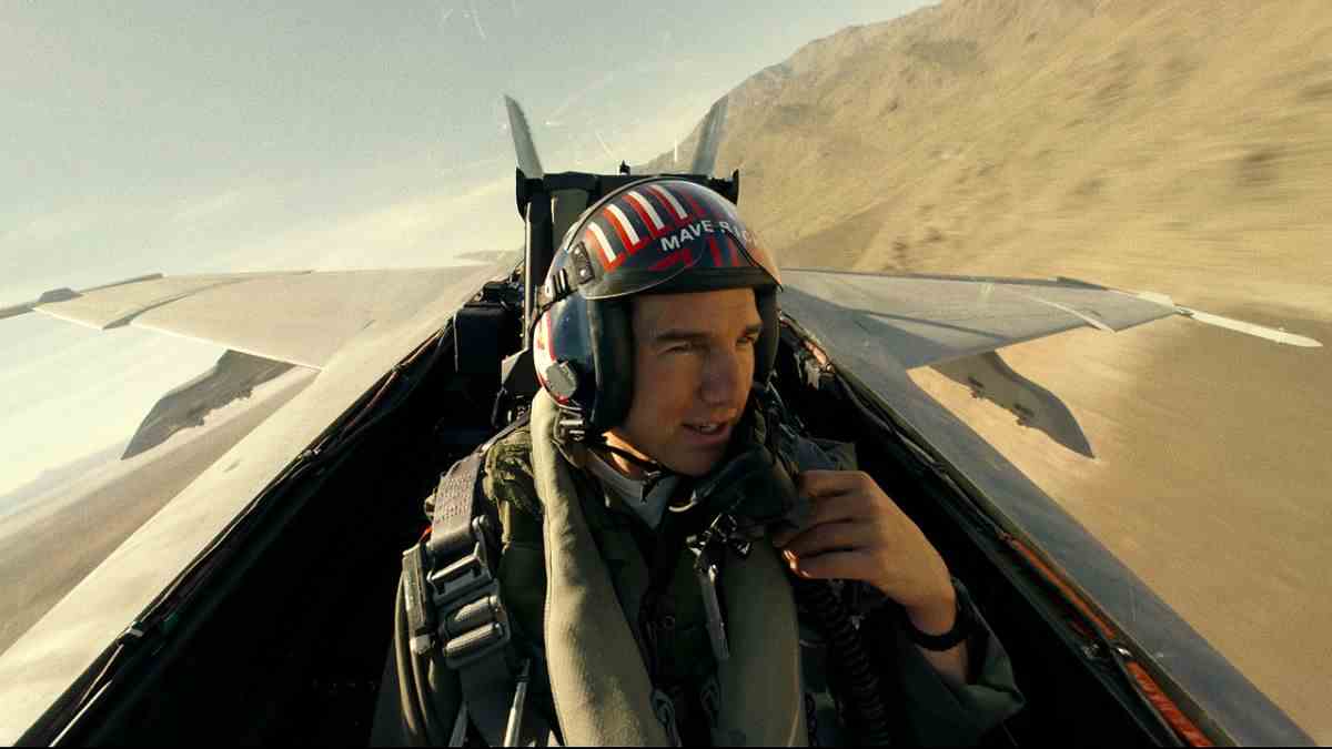 Tom Cruise flying a jet in Top Gun: Maverick