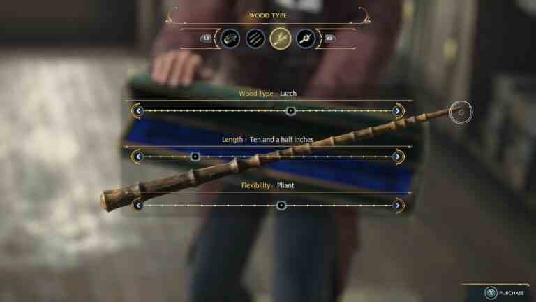 Hogwarts Legacy wand customization screen, type, length, flexibility