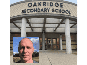 École secondaire d'Oakridge au nord-ouest de Londres;  ancien professeur Dustin Epp (en médaillon)