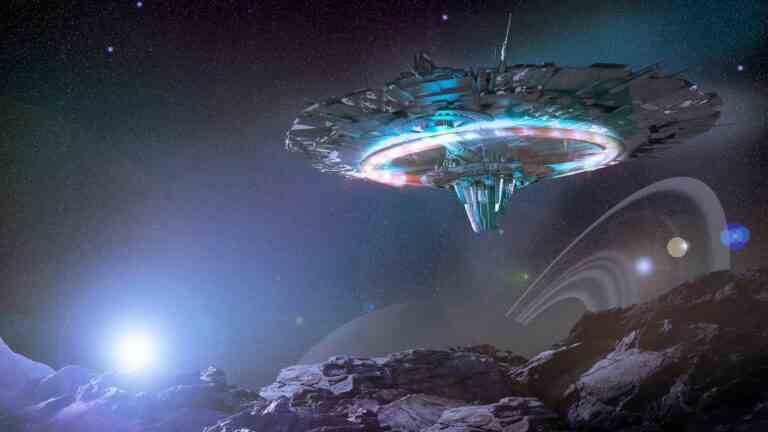 Alien starship travelling through deep space viewed from nearby planet surface