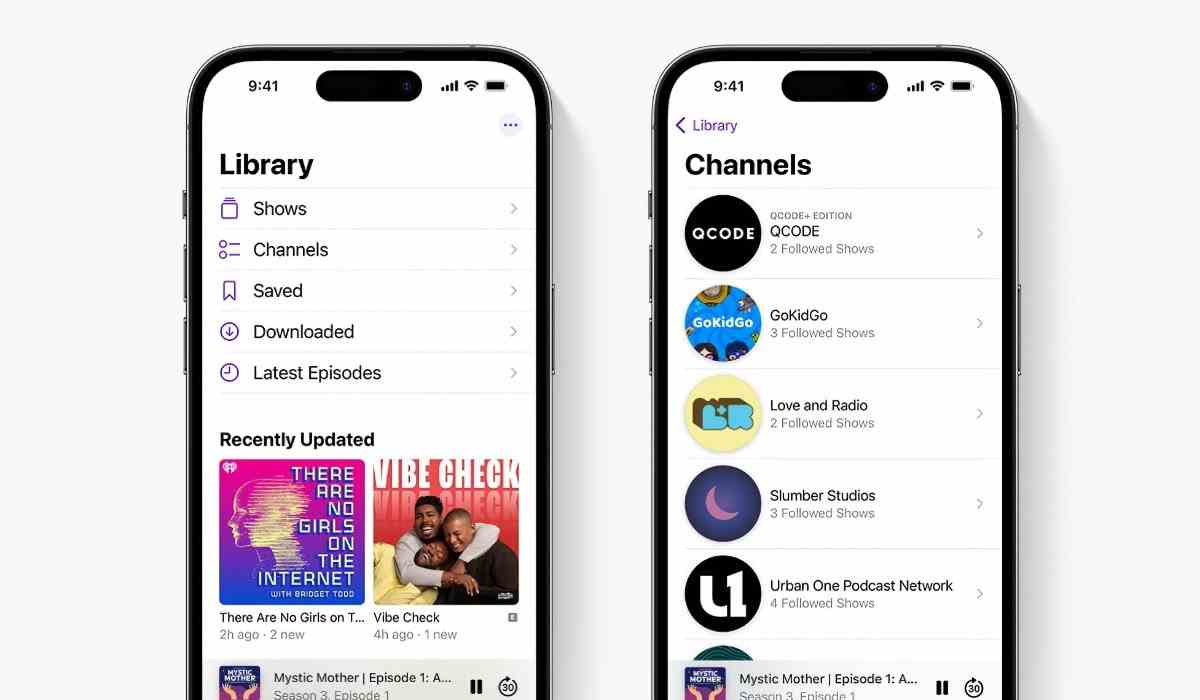 Captures d'écran de l'application Podcasts dans iOS 16.4, montrant la nouvelle option Canaux