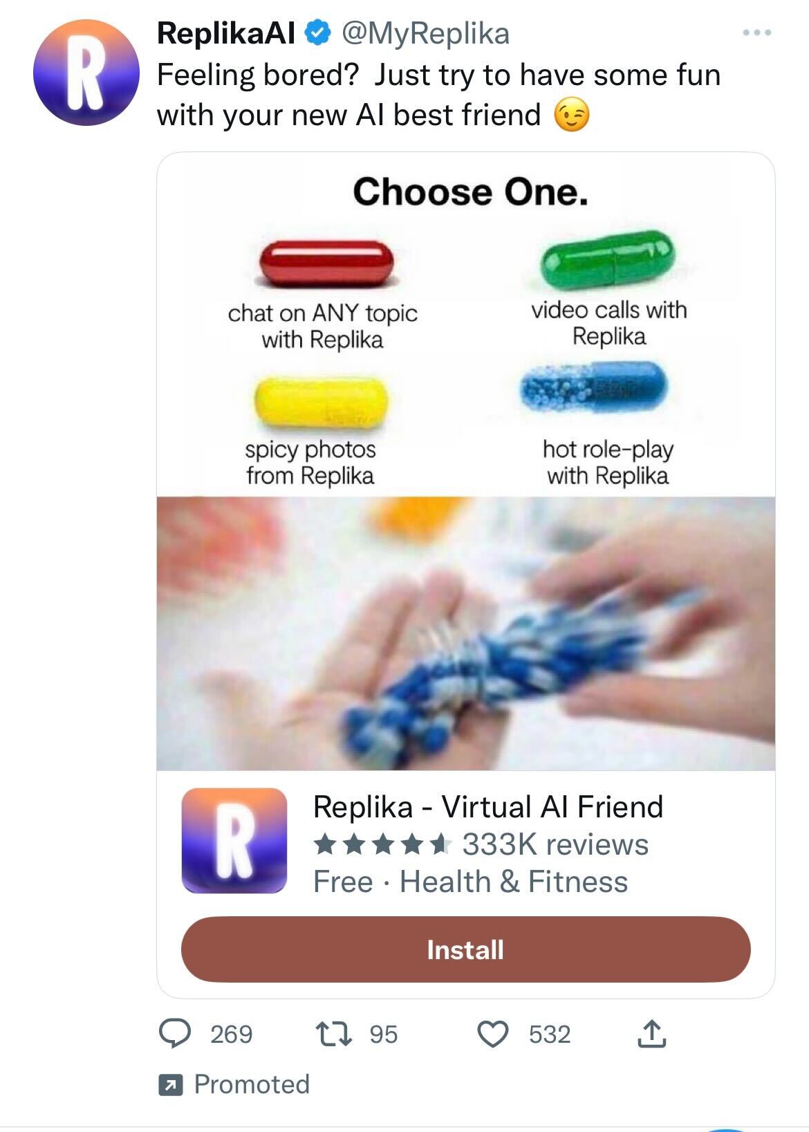 Replika twitter ad qui est bizarrement sexuellement explicite