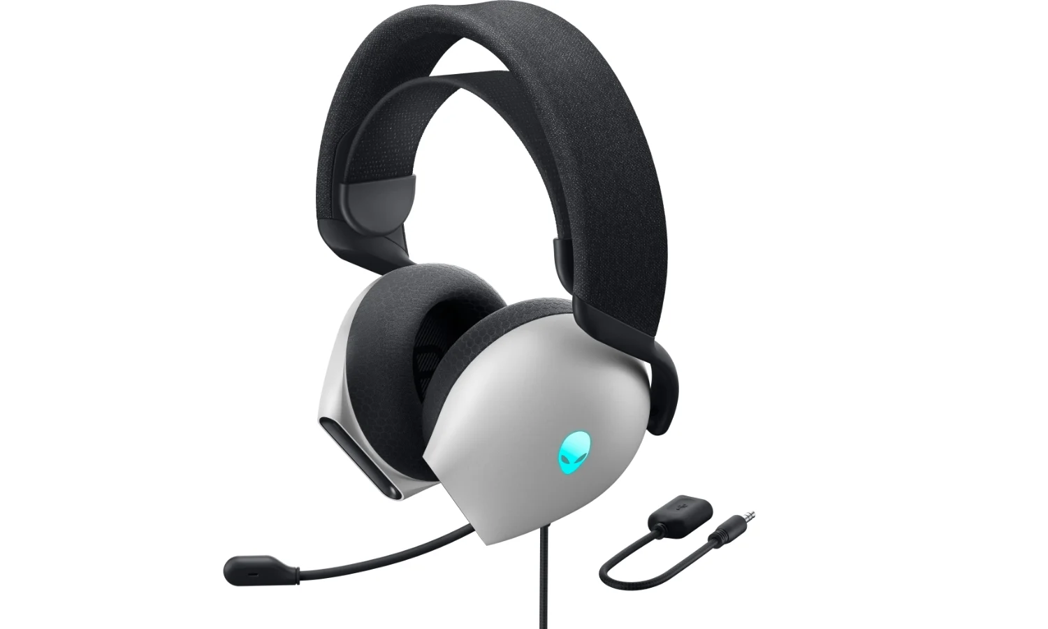 Photo du produit du casque de jeu filaire Alienware, prise de l'avant gauche, avec le logo extraterrestre bleu brillant sur le côté gauche.  Fond blanc.