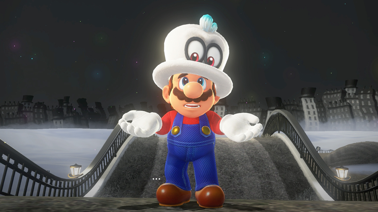 Mario portant un haut-de-forme blanc dans Super Mario Odyssey