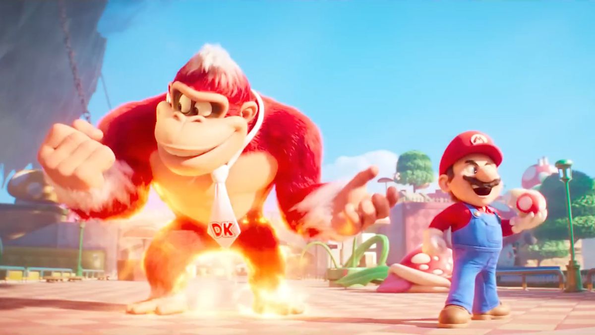 Donkey Kong regarde son poing alors qu'il est consumé par les pouvoirs de flamme d'une fleur de feu dans le film Super Mario Bros.