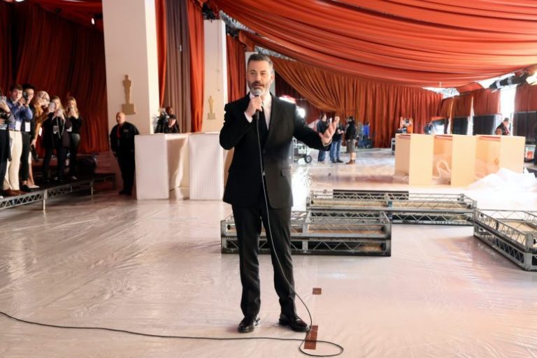 HOLLYWOOD, CALIFORNIA - MARCH 08: Jimmy Kimmel speaks during the 95th Oscars Arrivals Carpet Roll Out at Ovation Hollywood on March 08, 2023 in Hollywood, California. (Photo by Rodin Eckenroth/Getty Images)